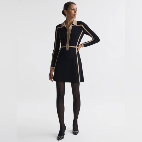 NEW Reiss Nikki Contrast Trim Press Stud Mini Dress in Black Camel | size S - Picture 2 of 8